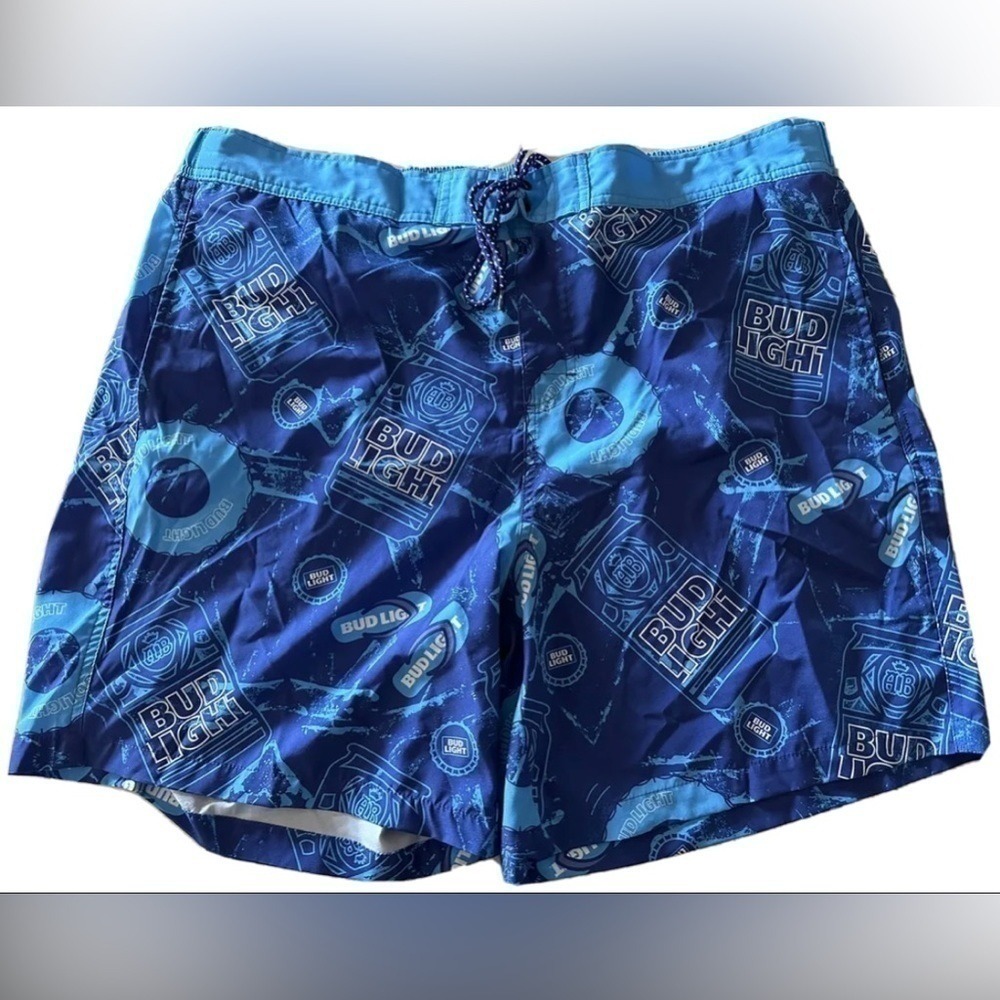 Bud Light Mens Blue‎ Beer Can Print Swim Trunks Board Shorts Mesh Lined 2XL